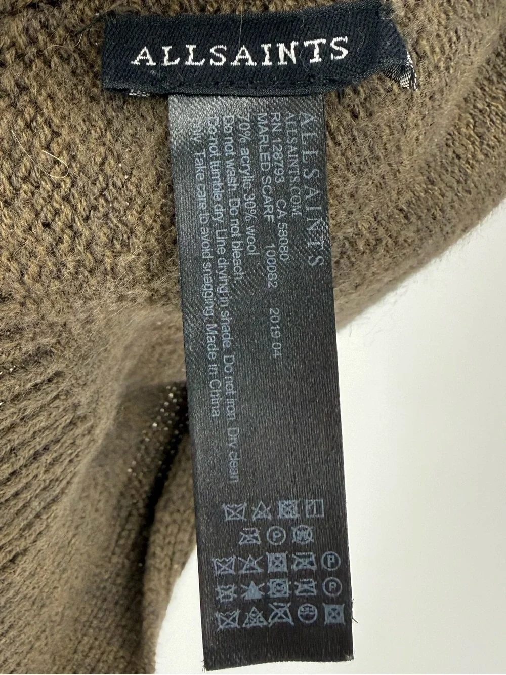 AllSaints Men's Marled Wool Blend Knit Scarf | Olive | One Size